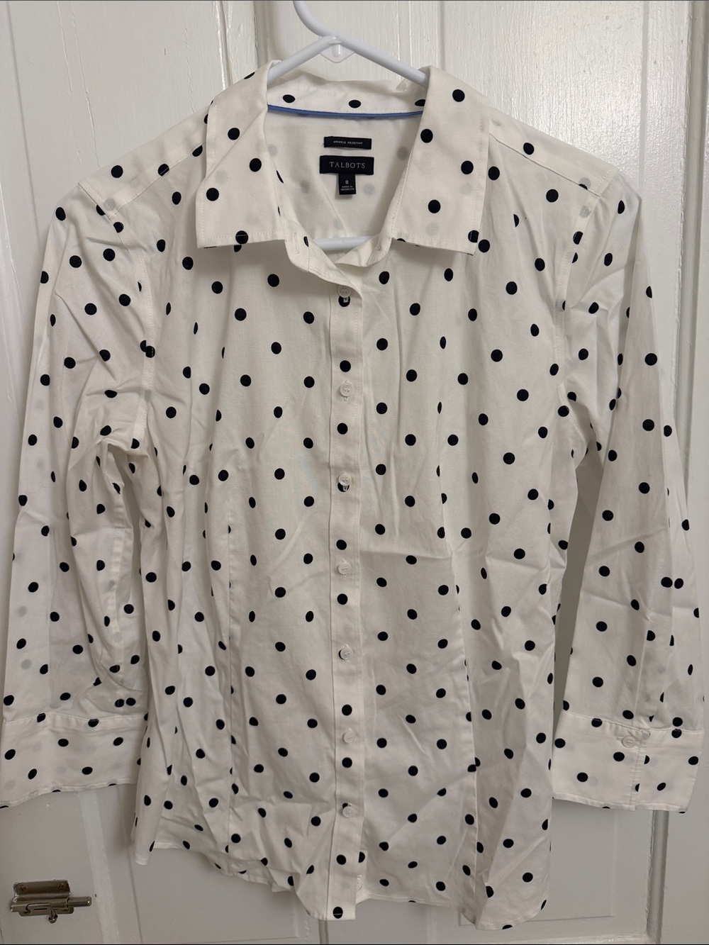 Talbots White Button-Down Shirt with Black Polka Dots